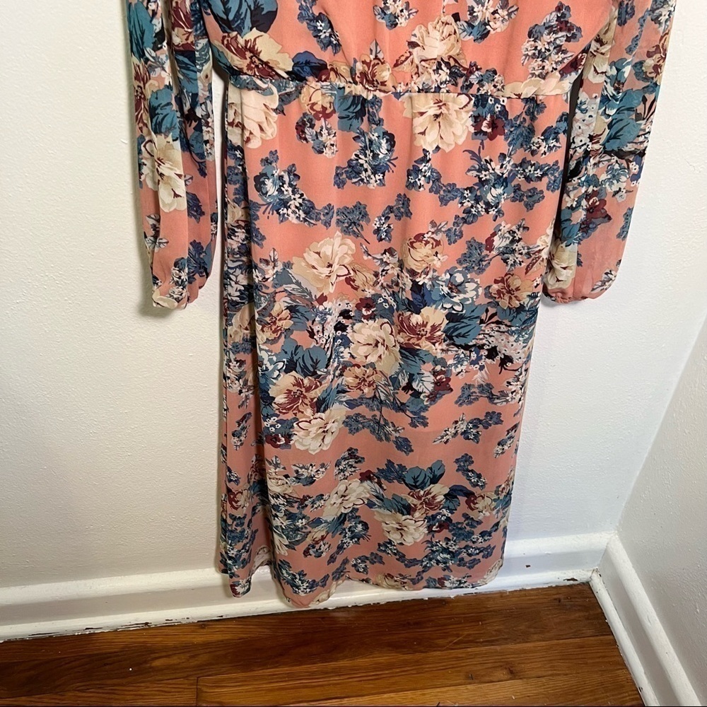 Wayf Women's Size Small Midi Dress Light Pink Teal Beige Floral Long Sleeve - Picture 12 of 14